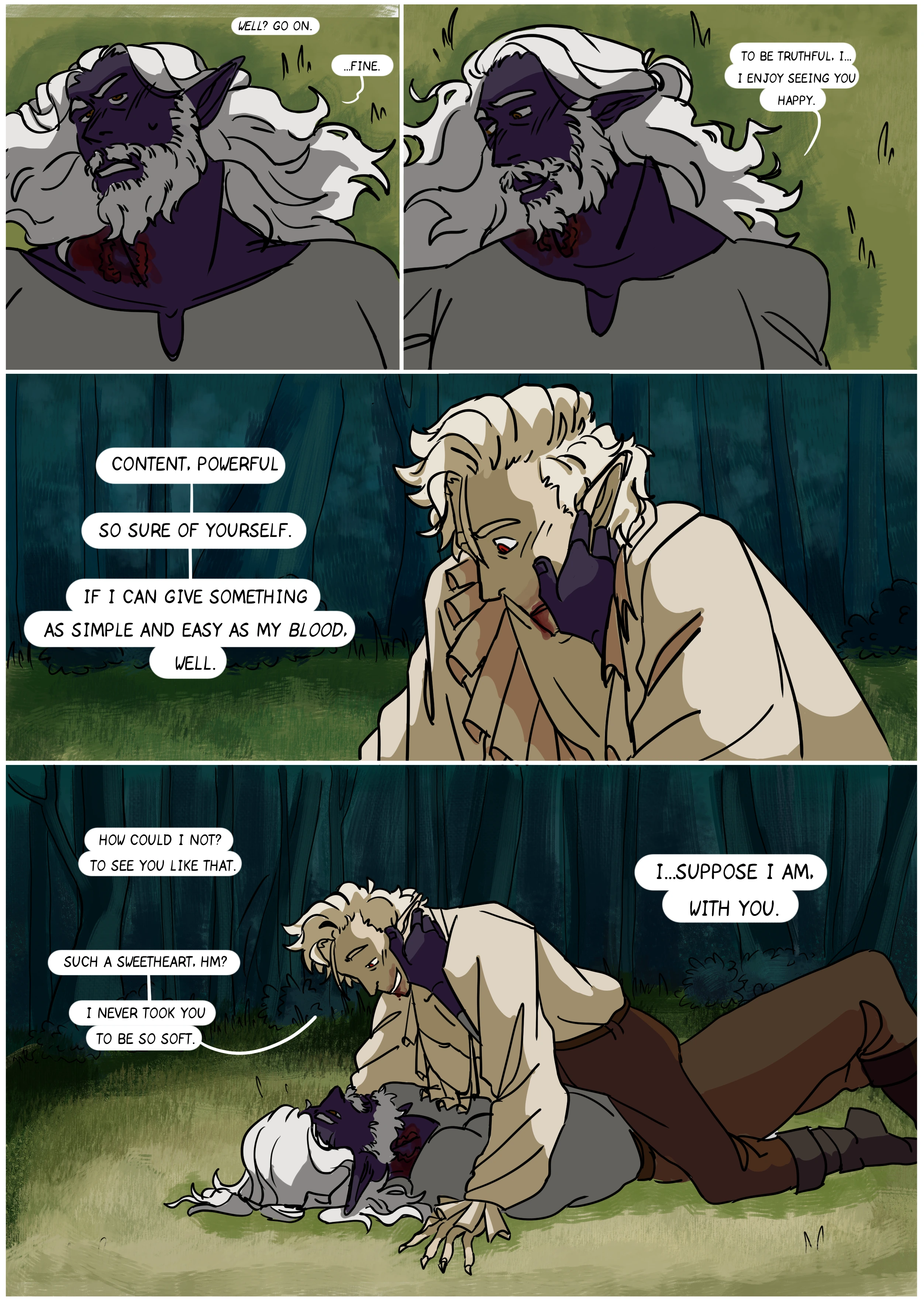 Page 5 of Love Bites - A short comic depicting Astarion, from Baldur's Gate 3, interacting with a strong looking half-drow man.